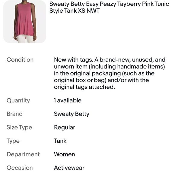 SWEATY BETTY Easy Peazy Tayberry Pink Tunic Style Tank XS (size 4) NWT - Picture 3 of 3